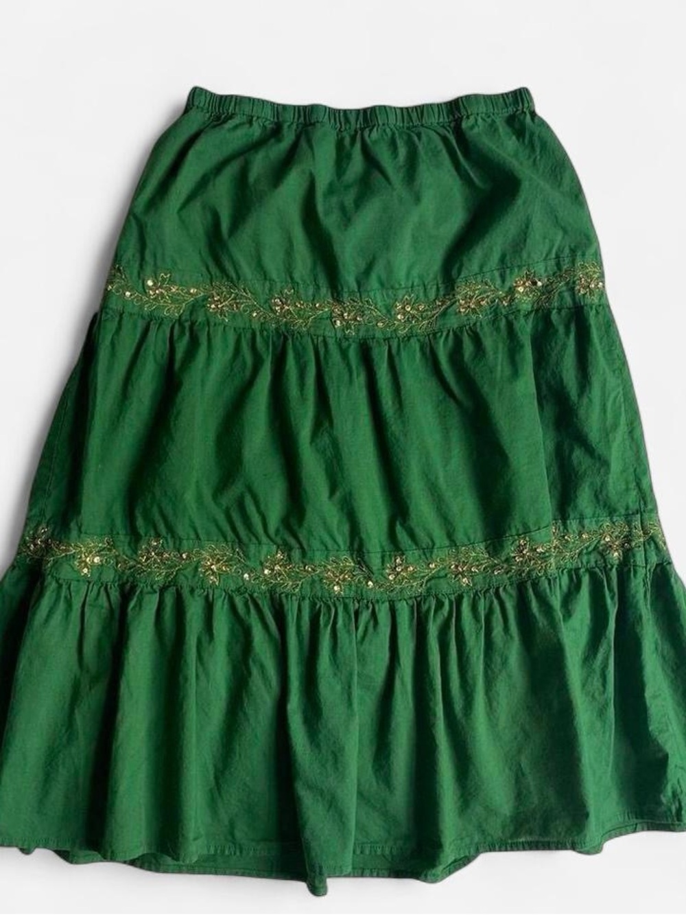 Y2K girls boho green cotton embroidered maxi skirt